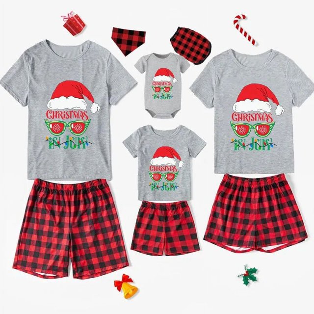 Pijamas familiares a juego de Navidad, gafas de sol, Santa, gris, conjuntos de Pijamas cortos
