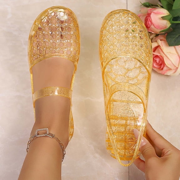 Women's Jelly Ballet Flats Buckle Strap Comfortable Casual Mary Jane Flat Lightweight Mesh Clear Beach-Sandals Summer Beach Hollow Dressy Shoes Gold 5.5