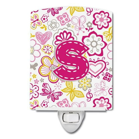Letter S Flowers & Butterflies Pink Ceramic Night Light