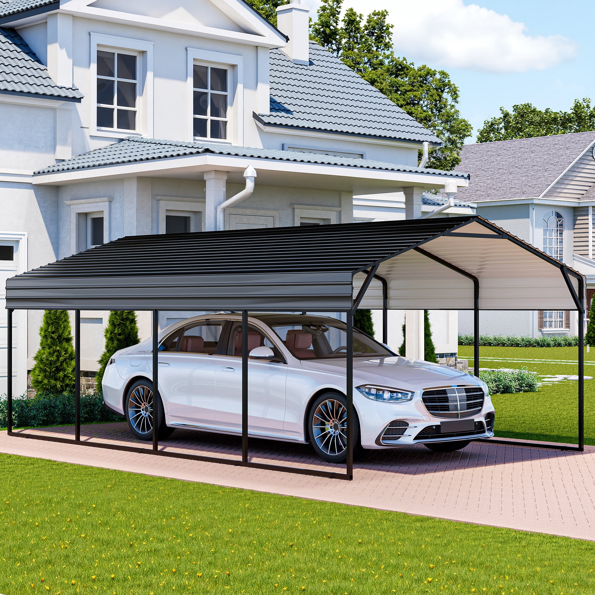 LAUSAINT HOME 12' x 20' Outdoor Metal Carport, Heavy Duty Waterproof Carport with Steel Panels for Car, Boat, Truck