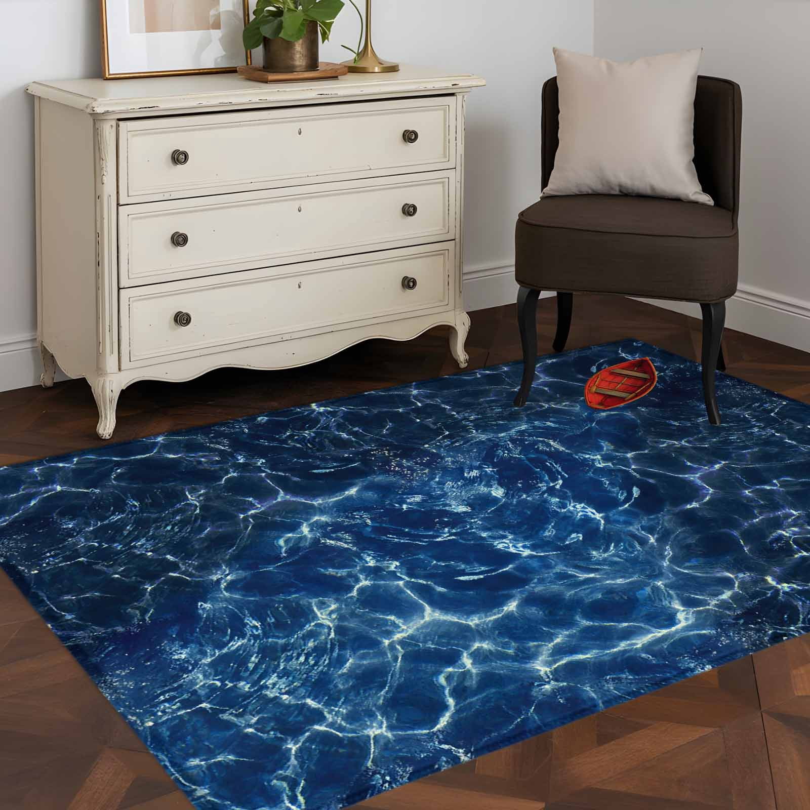 Navy Blue Ocean Waves Area Rugs 2.7'x5', Washable Small Throw Rugs for Kitchen Bedroom, Red Boat Coastal Indoor Outdoor Rug Non-Slip Low Pile Carpet Runner Reversible Floor Mats