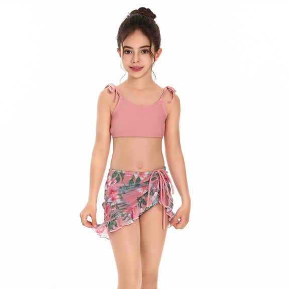 Toddler Swimsuit For Girls Floral Print Bikini Two Piece Tankini With Ruffles Adjustable Straps For Youth Summer Bathing Suit Size 4-5T