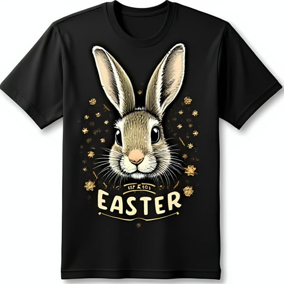 Black T-Shirt with Gold Rabbit Illustration & HOP TO IT EASTER Banner