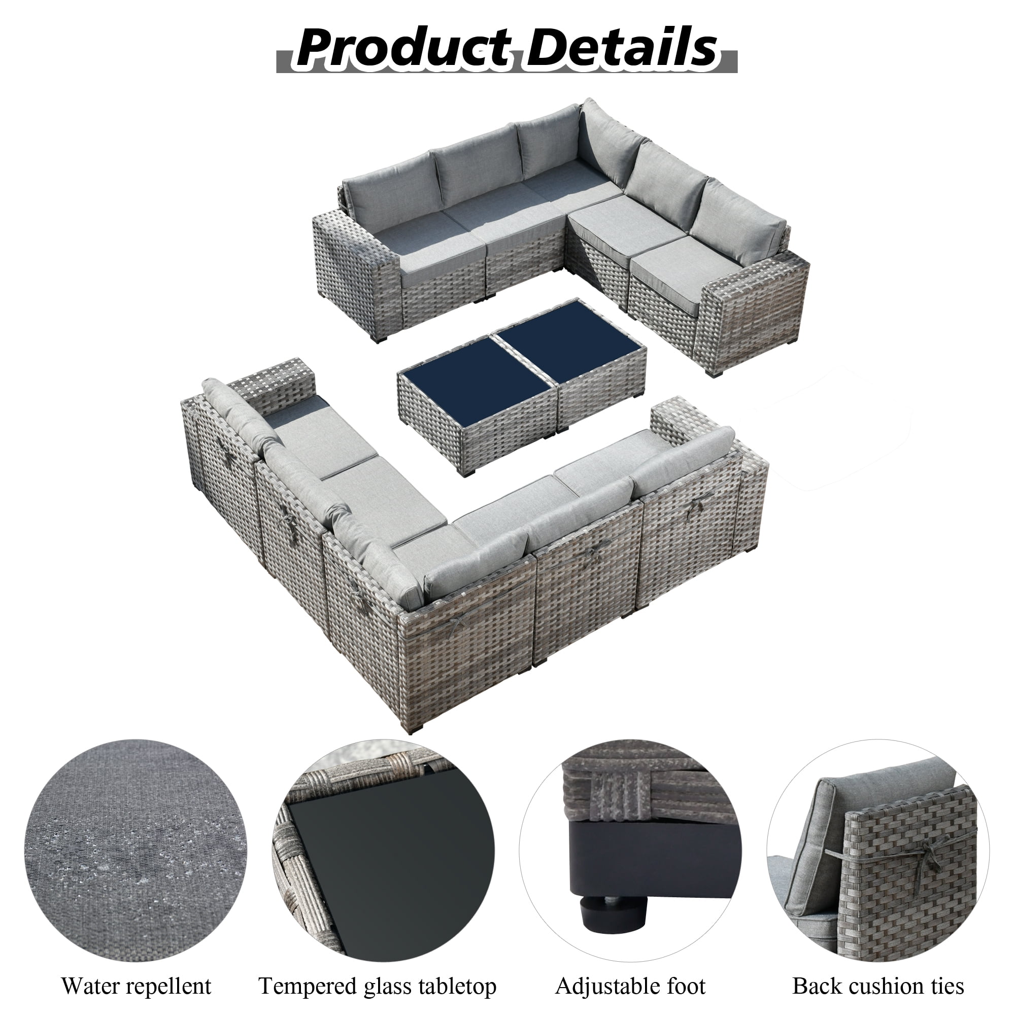 Ovios 12 Pieces Outdoor Furniture All Weather Wicker Patio Conversation Sectional Sofa Set with Side Table for Garden Backyard