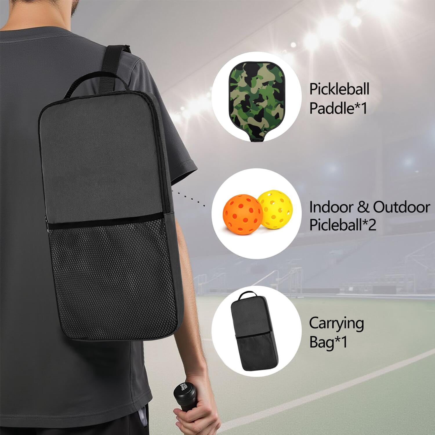 Pickleball Paddles Set Of 1, Fiberglass Surface, Camouflage Print, 1 Paddle, 2 Balls & Bag