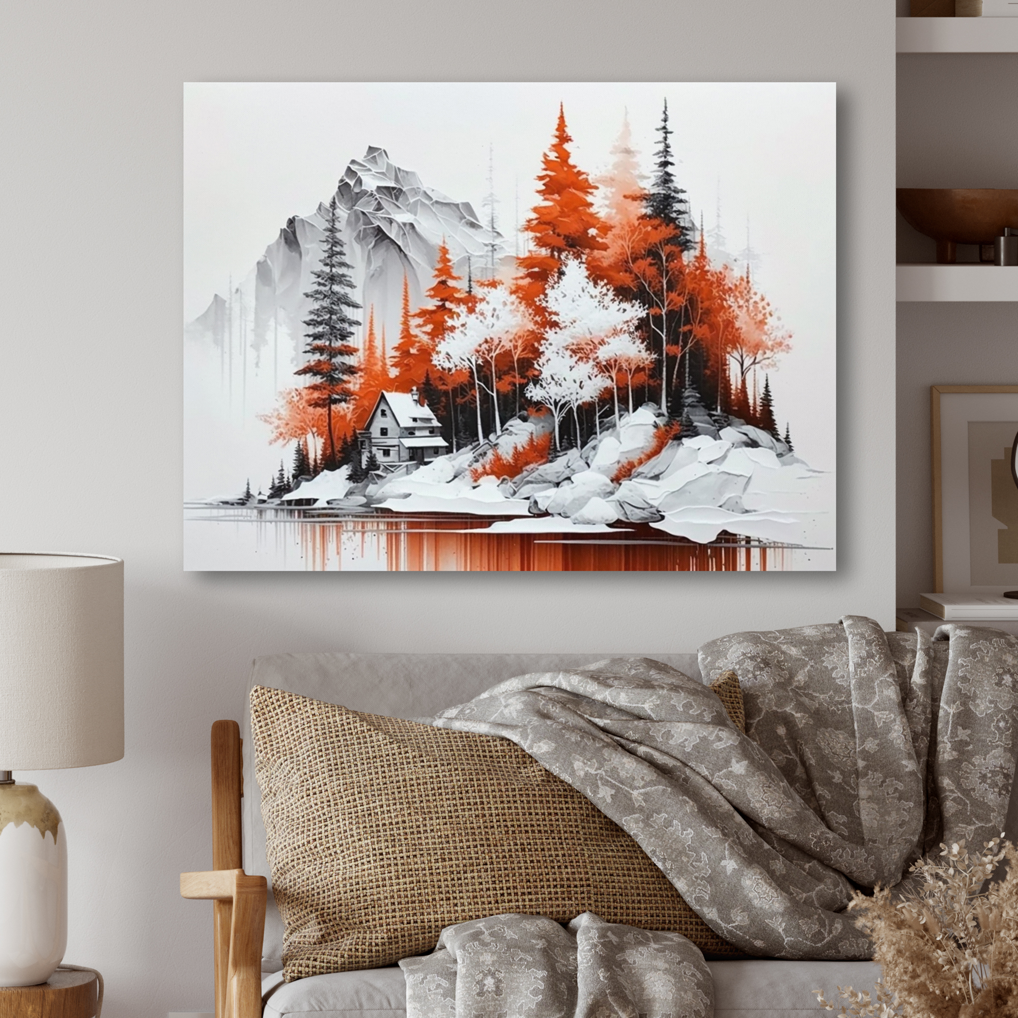 Designart Monochrome Orange Cottage In Winter XII Canvas Wall Art