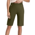 thumbnail image 2 of GILIGEGE Women High Waist Button Decor Knee Length Bermuda Shorts, Solid Color Side Split Straight Capri Pants with Side Pockets, Soft Stretchy Casual Bottoms for Summer Outdoor Walking Green, 2 of 7