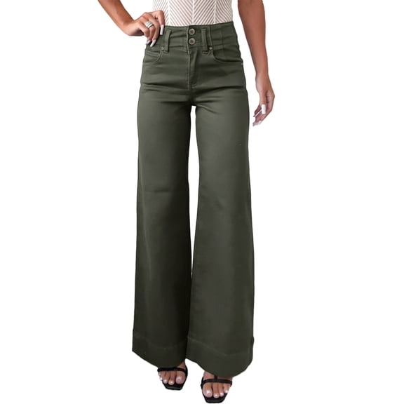 Women's Mist Green 2-Button High Waist Flared Jeans – Casual Style for Everyday Wear, 16