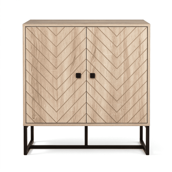 31.5" Modern Buffet Cabinet, Adjustable Shelf, Steel Base, 2 Chevron Doors Sideboard