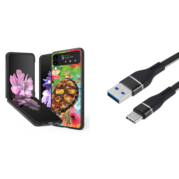 Bemz Premium Bundle for Samsung Galaxy Z Flip 3 5G: Slim Snap-On Protector Case (Turtle Flowers), Nylon Braided USB-C to USB-A Cable (3 Feet)