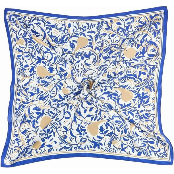 Pañuelo cuadrado de satén de poliéster con estampado floral vintage azul de 27,5 x 27,5 pulgadas, estilo bohemio, para el pelo, de seda, estampado