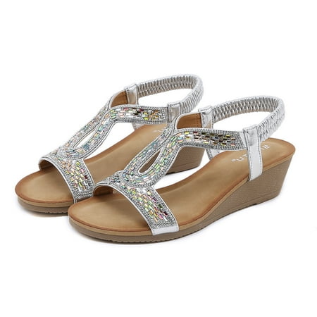 

PEASKJP Women s Slippers 2023 Women New Breathable Comfort Round Heel Open Toe Summer Beach Sandals Dress Beach Shoes Silver 8.5