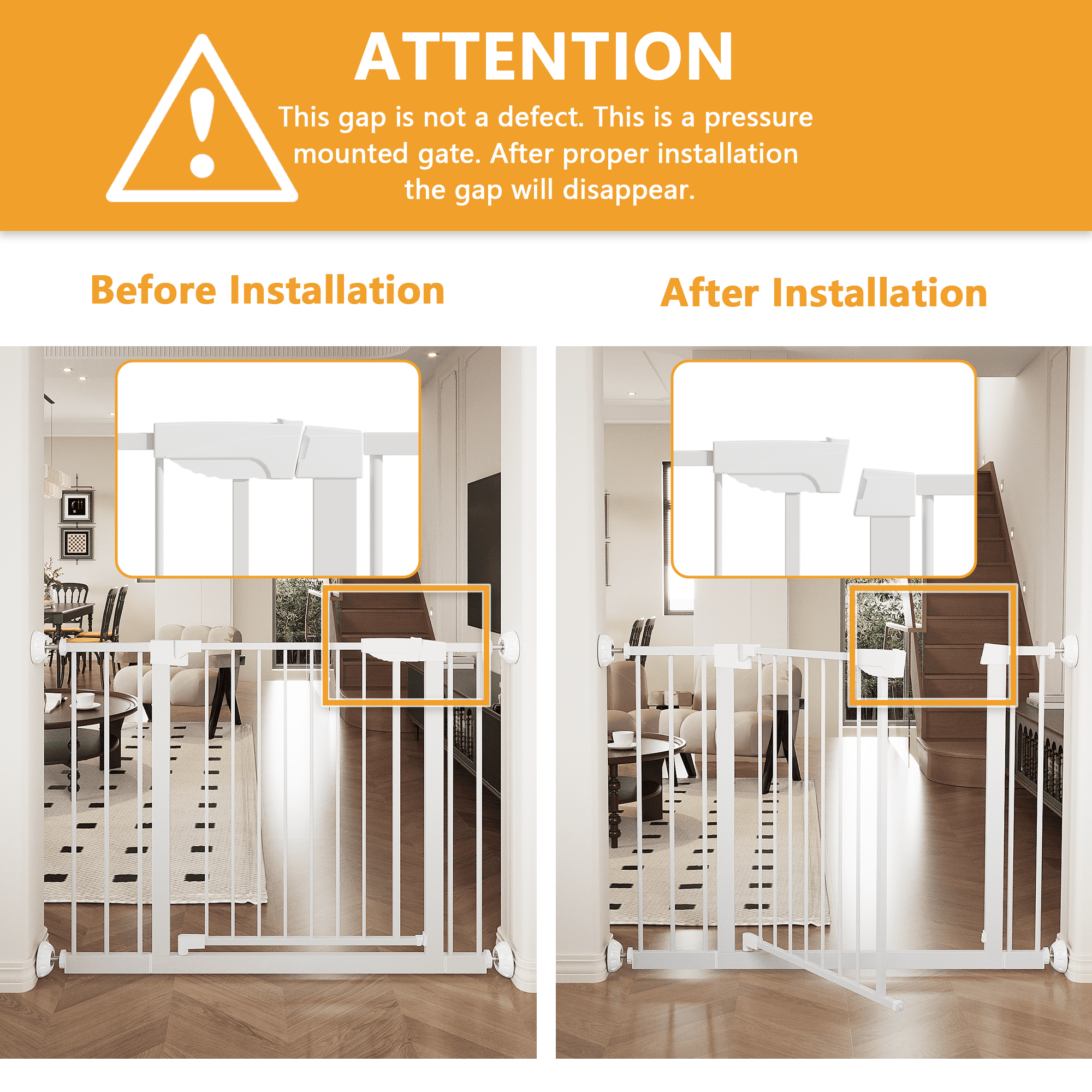 Leumius 29.5-45.3" Wide Baby Gate with Wall Protector for Stairs and Doorways, No Drilling Pressure Mounted Pet Gates for Kids, Easy Walk Through Safety Gate White