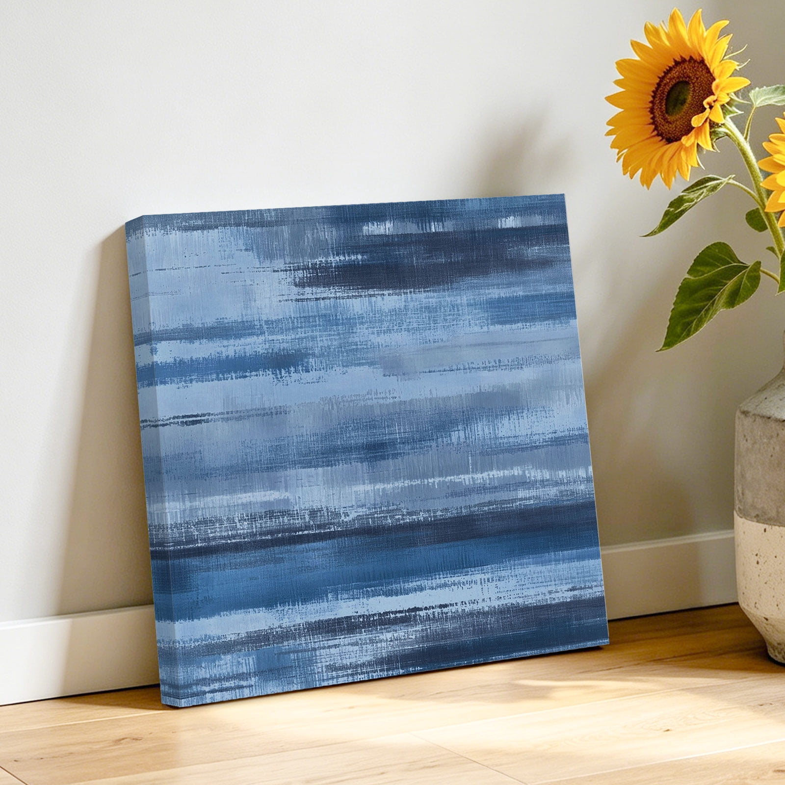 Navy Blue Paint Canvas Wall Art for Living Room, Watercolor Abstract Blue Stripes Poster Print Painting for Bedroom Office Home Decoration Wall Pictures Prepare To Hang 16"x16"