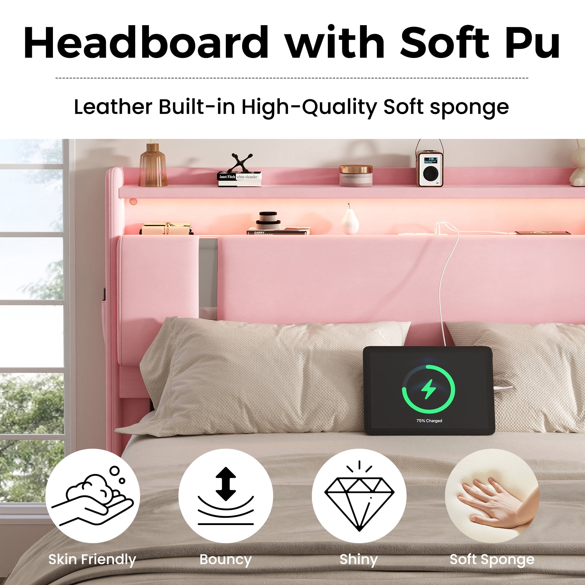 NEGYLIM Floating Bed Frame Twin Size with LED Lights, Easy to Assemble, Metal Platform Bed with Storage Headboard, No Box Spring Needed, Pink