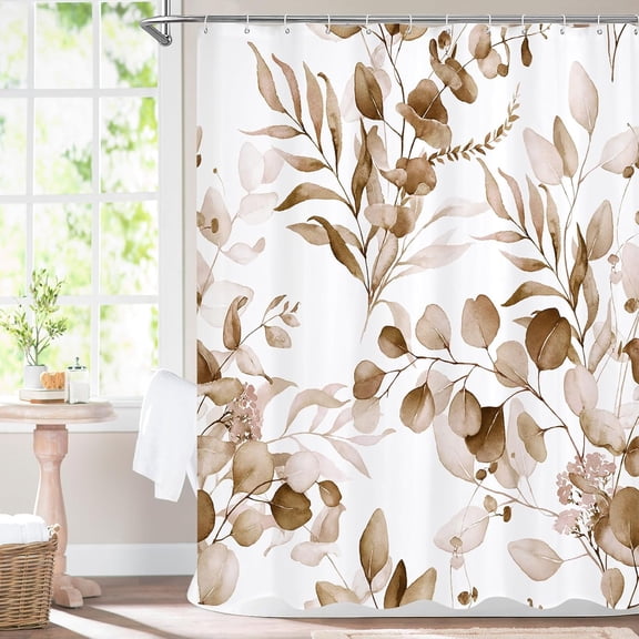 Brown Floral Shower Curtain, Modern Plants Botanical Fabric Cloth Shower Curtains for Rustic Vintage Bathroom Decor, Fall Watercolor Tan Eucalyptus Leaf, 72x72