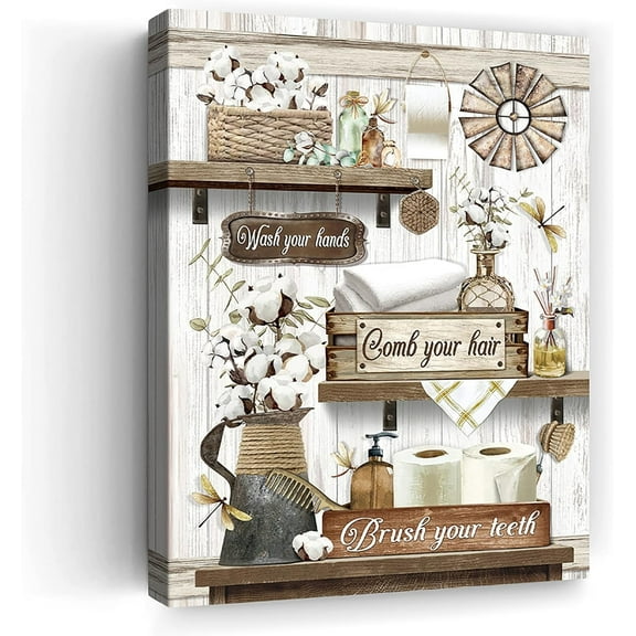 Farmhouse Bathroom Decor Wall Art Rustic Cotton and Dragonfly Bathroom Signs Pictures Country Flower Canvas Wall Decor Painting Prints Framed Artwork for Bathroom Modern Home Decorations 12"X16"