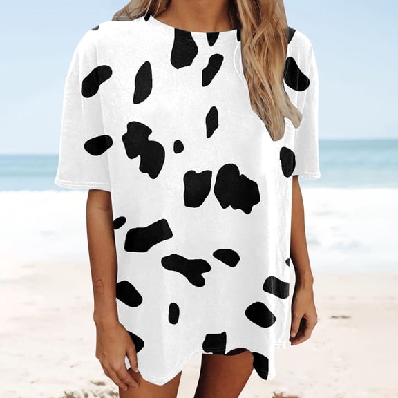 Trendfront Womens Summer Crew Neck Short Sleeve Tops Cute Cow Animal Graphic Pattern Print Tees Casual Everyday Style Wear T-Shirts