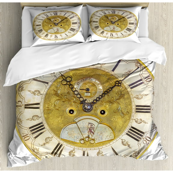 Clock Duvet Cover Set, Vintage Theme a Seventeenth Century Ornamental Clock Face with Roman Numbers, Decorative 3 Piece Bedding Set with 2 Pillow Shams, King Size, Yellow and Black, by Ambesonne