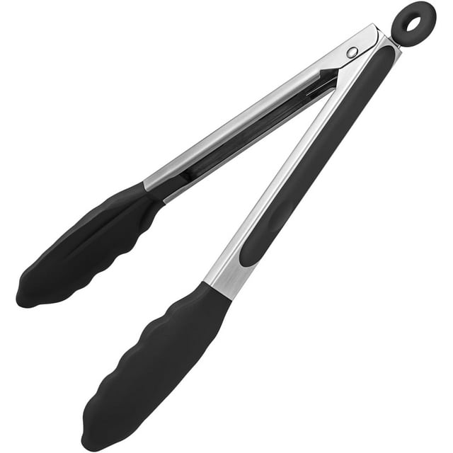 Pinces de Cuisine Résistantes à la Chaleur 480 °F : U-Taste Pince de Cuisson en Silicone 9 Po avec Embouts en Caoutchouc Antiadhésifs Fermement Scellés et Poignée en Acier Inoxydable 18/8 Revêtue de Silicone et Verrouillage Lisse pour Servir le Gril (Noir)