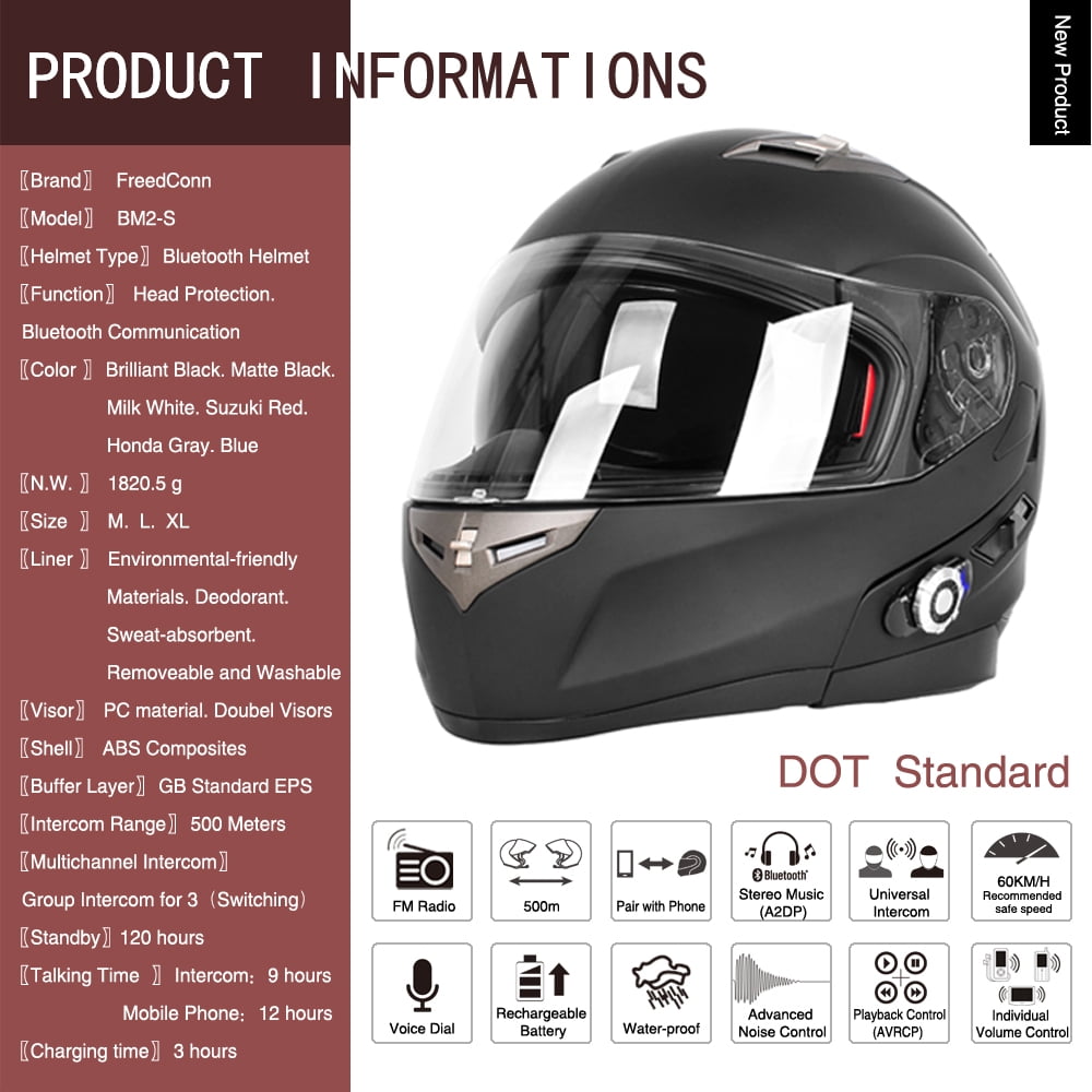Martian Motorcycle Bluetooth Helmet Modular Full Face Flip up Dual Visor Bluetooth Headset: HM-BH1 Glossy Black