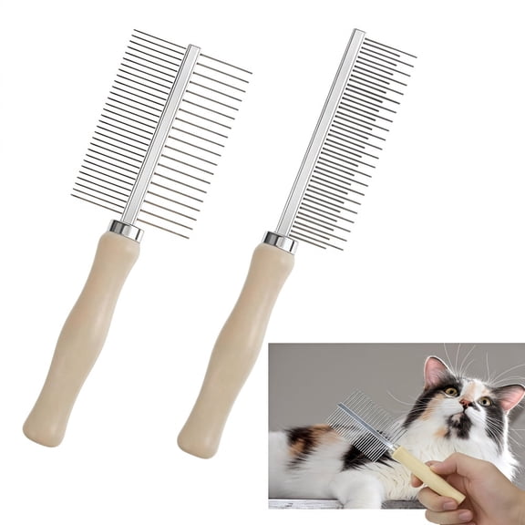 Wanfoou 2 Pack Pet Grooming Comb, Stainless Steel Detangling Comb with Wooden Handle - Double Sided Dog And Cat Hairbrush for Removing Flea, Tangles And Loose Hair