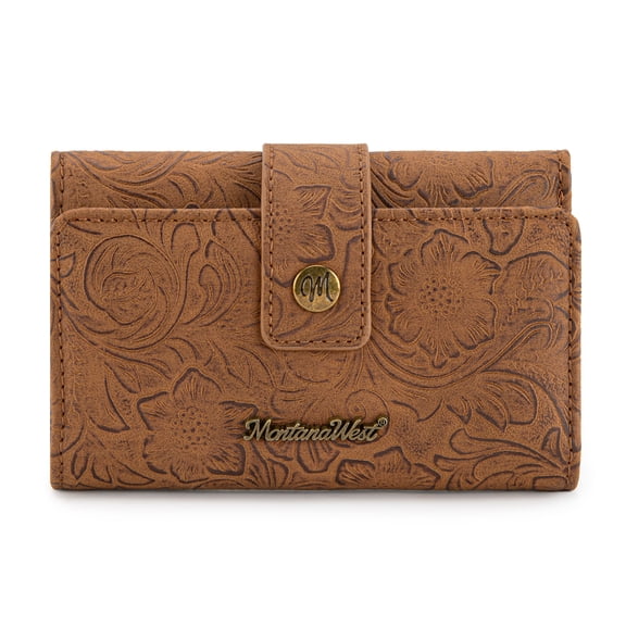 Montana West Women's Wallets RFID Embossed Floral Trifold Wallet, Brown