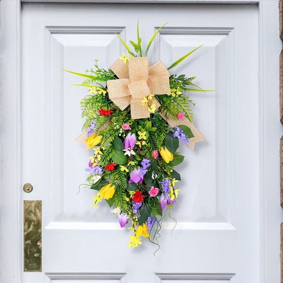 Spring Summer Inverted Hanging Multi-colored Artificial Tulips Wreath with Small Multi-colored Flowers and Green Leaves, Simulation Tulips Garland, for Front Door Wall Mantel Piece Window Fence Decor