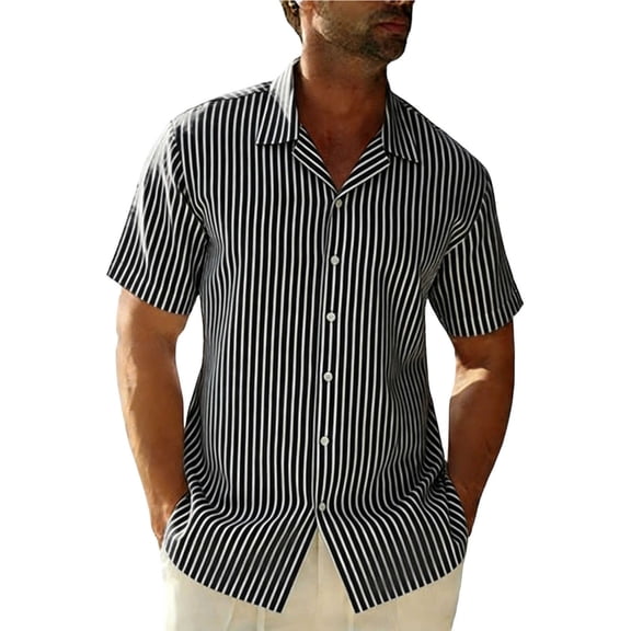 XUNKUSGA Shirts for Men Classic Fashion Button Down Striped Mens Dress Shirts Regular Collared Short Sleeve Blouse Summer Hawaiian Shirt S-2XL Black