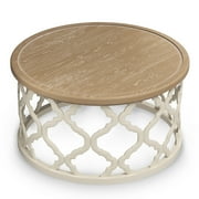 Bestco 30in Round French Country Coffee Table, Farmhouse Coffee Table, Distressed Wood Tray Top Vintage Coffee Table with Storage Shelf, Beige
