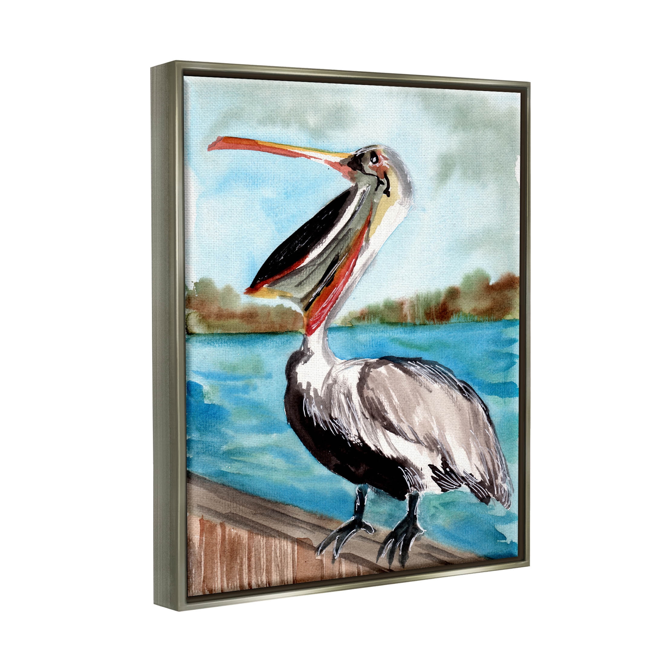 Nautical Pelican Bird Beak Animals & Insects Painting Luster Gray Framed Art Print Wall Art