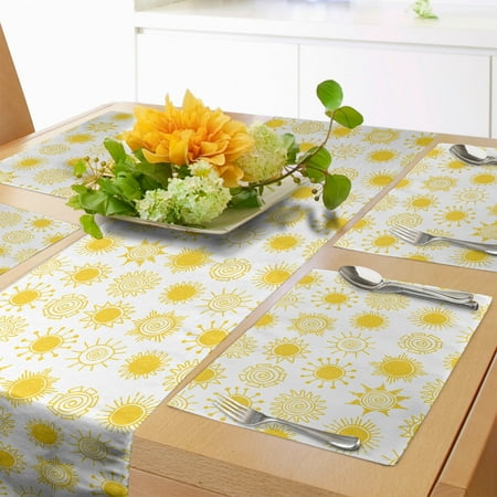 

Cartoon Table Runner & Placemats Simplistic Summer Pattern with Sun in Different Phases Set for Dining Table Decor Placemat 4 pcs + Runner 16 x72 Mustard and White by Ambesonne