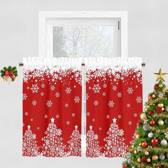 Christmas Tree Kitchen Curtain 2 Panels Set, Red Snowflakes Velvet Curtain for Kitchen Cafe Window, Winter Treatment Rod Pocket Thermal Insulated Room Darkening, 26x24 Inch