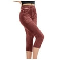 thumbnail image 2 of Riforla Women Leggings Elastic Waist Capris Jeans Imitation Denim High Stretchy Women's Tights Red M, 2 of 6