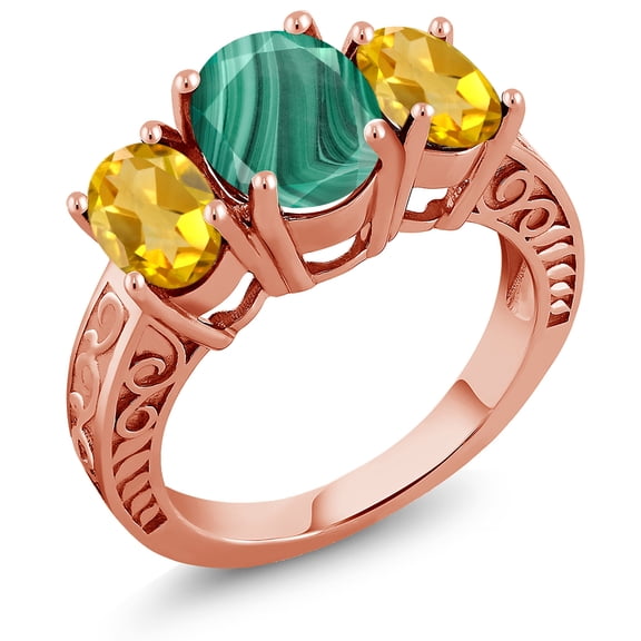 Gem Stone King 4.00 Ct Oval Green Malachite Yellow Citrine 18K Rose Gold Plated Silver Ring (Size 8)
