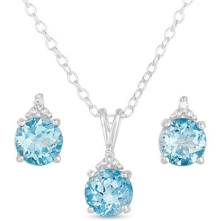 .015 T.G.W. Blue Topaz and Diamond-Accent Sterling Silver Stud Earrings and Pendant, 18"
