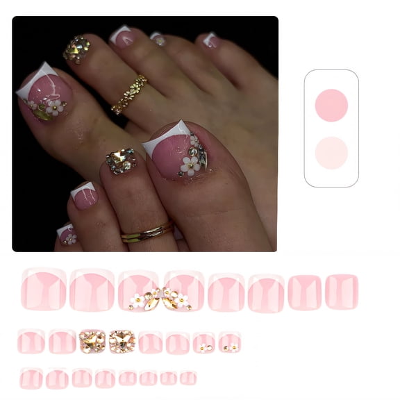 RAGUPEL 24Pcs Toe Press on Nails Square Short Anti-Lift Seal Nail Reformation Press on 3D Flowers French Tip Press on Nails with Comes Includes Mini Glue for Women Style1