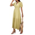 thumbnail image 3 of Women Summer Casual Midi Dress Puff Sleeve V Neck Ruched Button Front Split Boho Beach Vacation Wedding Dresses 2025 Yellow M, 3 of 9