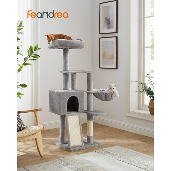 FEANDREA Cat Tree 53.1 inches Cat Tower - Multi-Level Cat Condo with Scratching Post & Board, Removable Perch Cover, Basket, Cave, Light Gray
