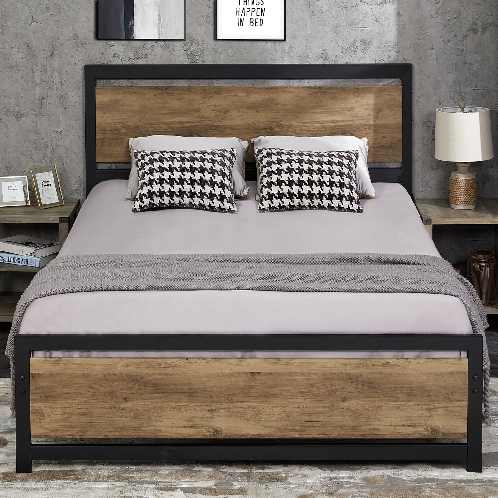 Amerlife Full Size Bed Frame with Wooden Headboard, Full Platform Bed