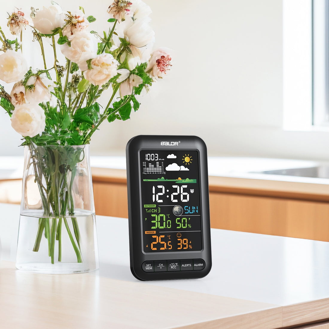 BALDR Wireless Weather Station with Large Clear Display, Indoor Outdoor Thermometer, Remote Sensor, Atomic Clock, Black