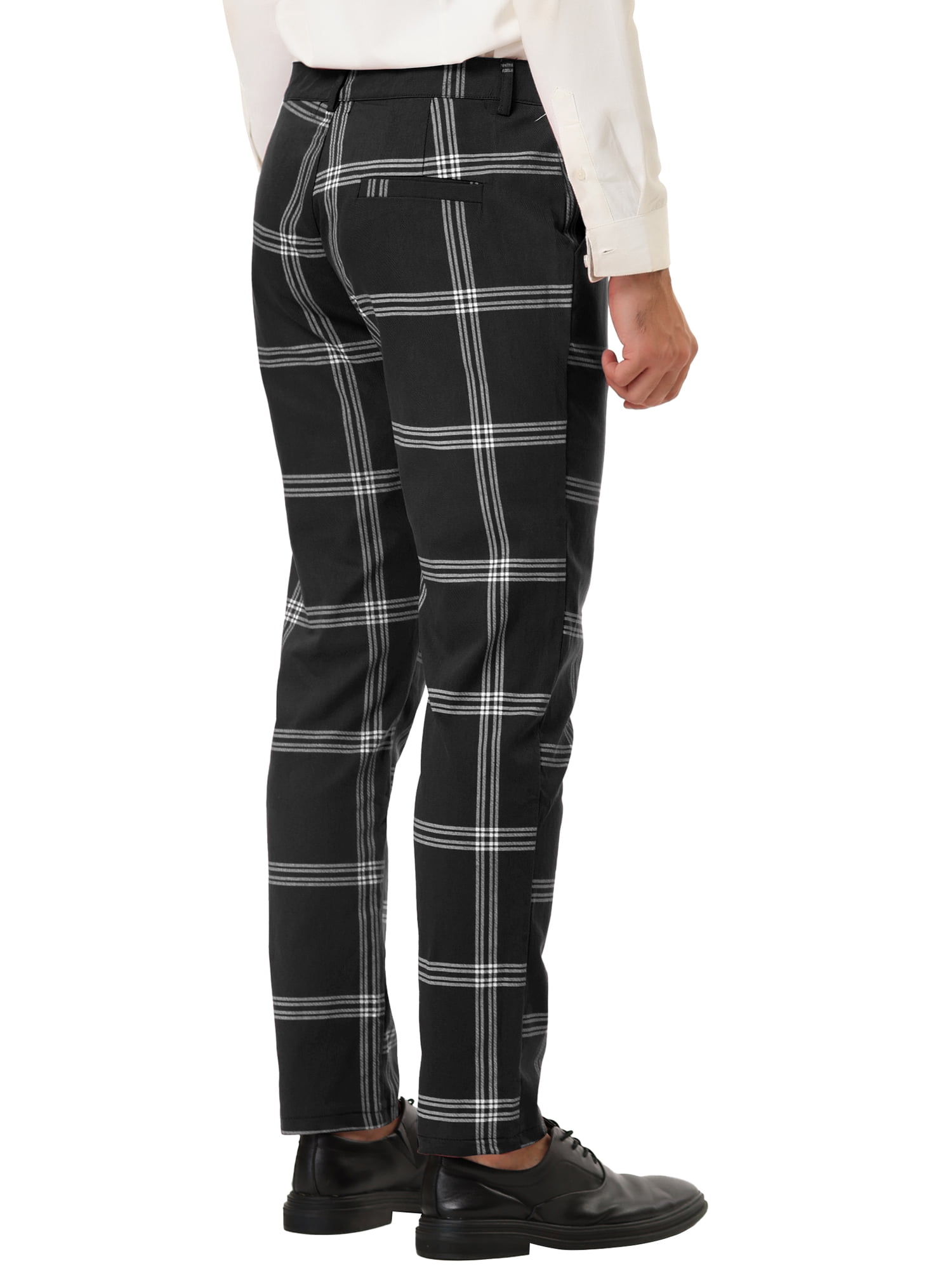 Unique Bargains Men's Business Plaid Pants Casual Slim Fit Flat Front Checked Trousers 30 Black