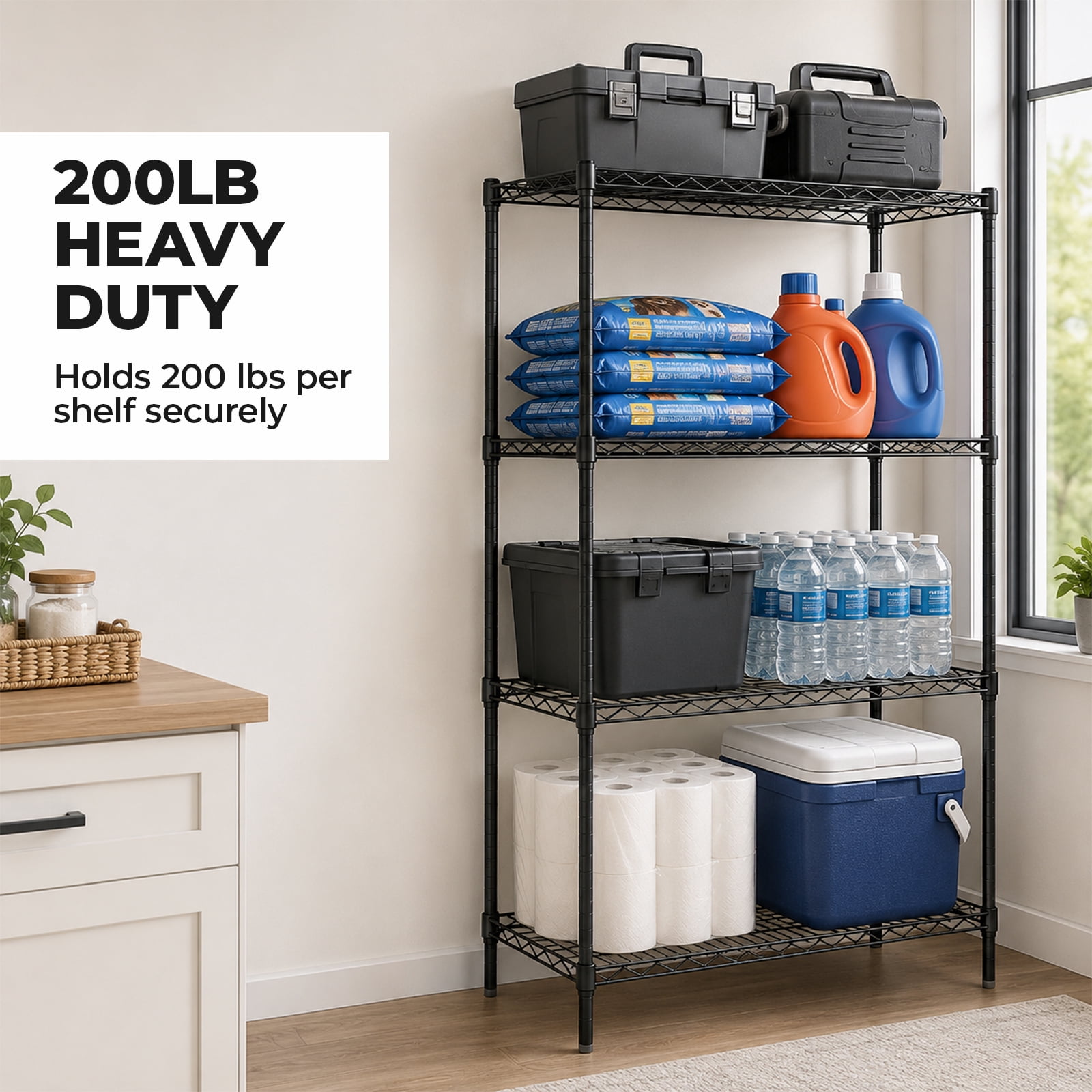 Alvantor 3/4/5-Tier Black Wire Rack 31in/48in/60in Heavy Duty Storage Shelving Adjustable Shelf Unit, Stable Steel Shelving, 200 lbs Capacity Per Shelf