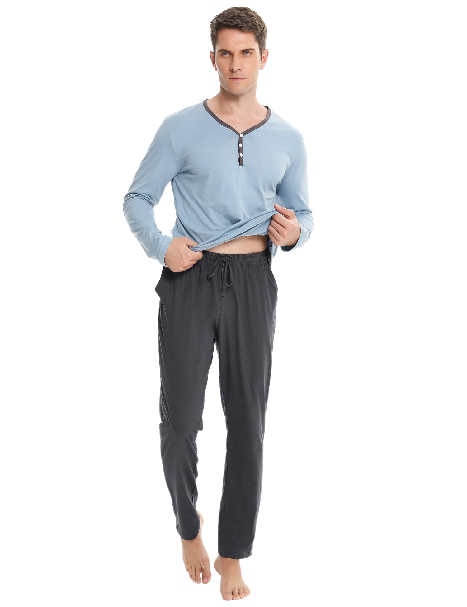 Hawiton Mens Pyjamas Set Cotton Long Sleeve Top & Pants Pjs Nightwear Sleepwear Loungwear for Man