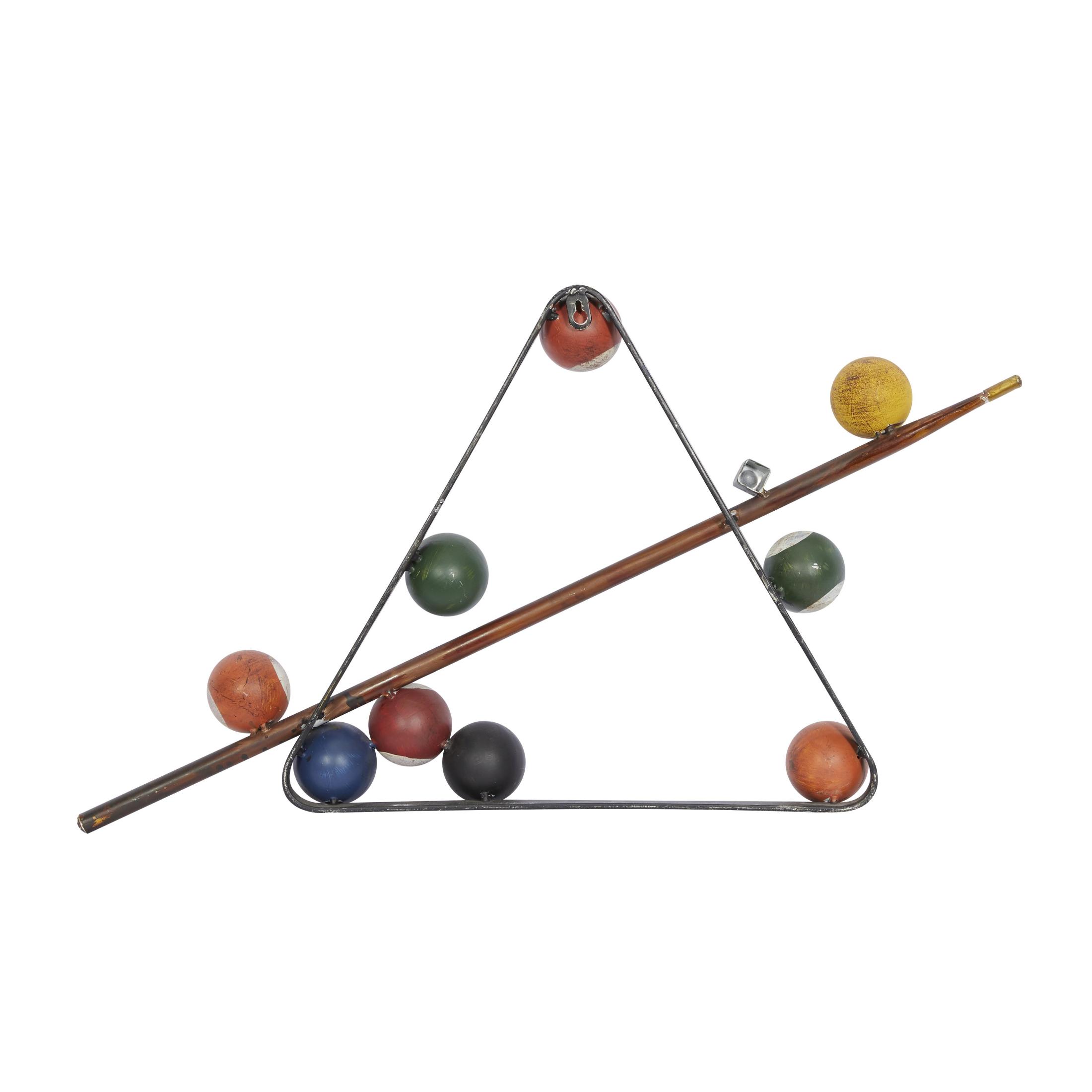 DecMode Eclectic Metal Multi Colored Billiard Set with Billiard Balls, Triangle Rack and Cue Stick Wall Décor, 30"W x 15"H