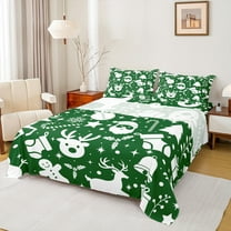 Castle Fairy Snowman Deer Santa Claus Twin Sheet Sets 3pcs for Children Teens,Merry Christmas Xmas Twin Fitted Sheet Microfiber,Green White Breathable Flat Sheet,Microfiber Bedroom Decor