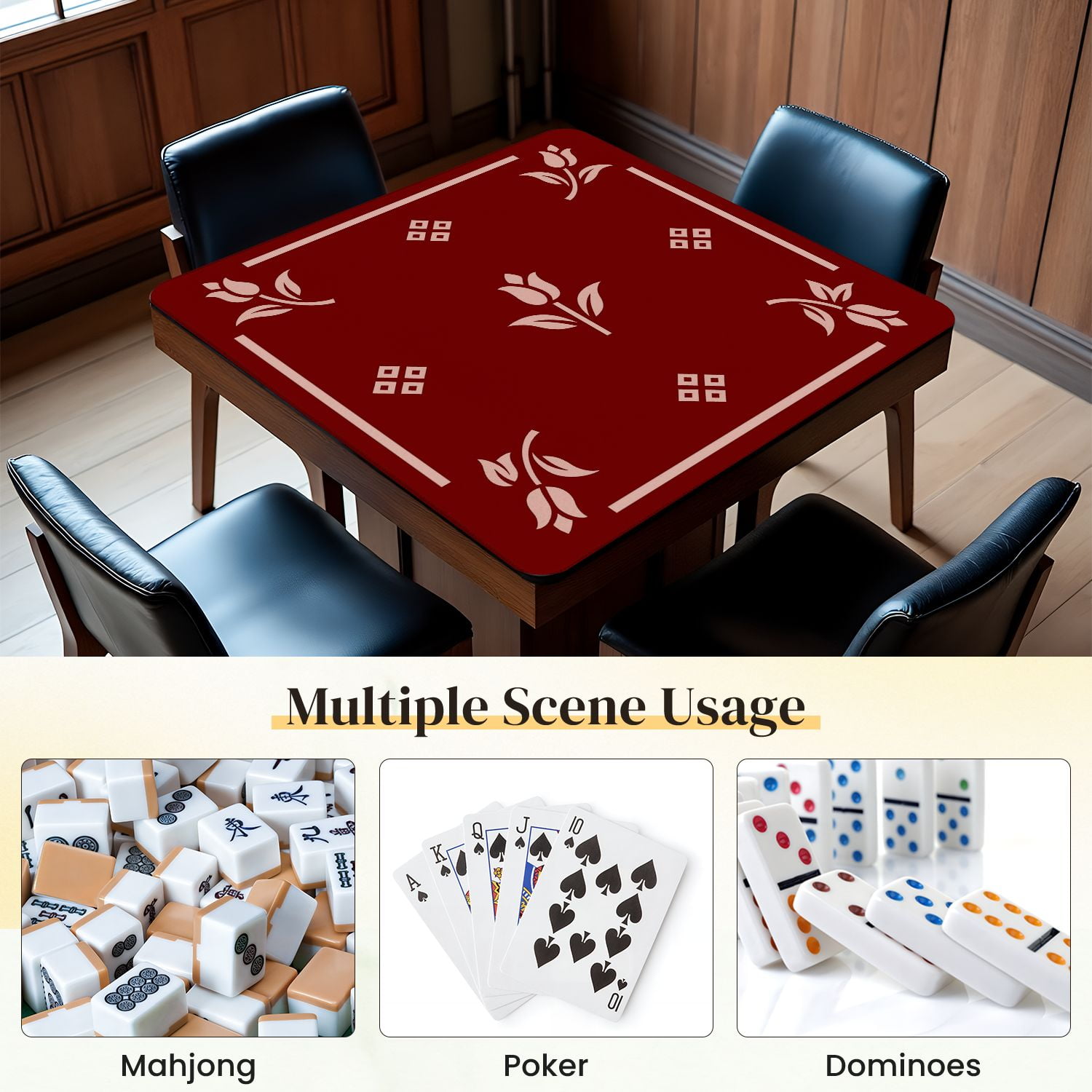 Mahjong Mat 31.5" x 31.5" Elegant Floral Tulip Motif Deep Red Anti-Slip and Noise Reduction Symmetry Design Mahjong Tiles Table Cover for Dominoes Poker Card Board and Tile Games