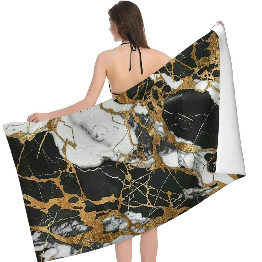 PHYHOO Marble Texture Oversized Quick Dry Microfiber Beach Towel Black Gold Texture Lightweight Sand Free Towel Super Soft &amp; Absorbent for Travel Swimming Sports 30x60in