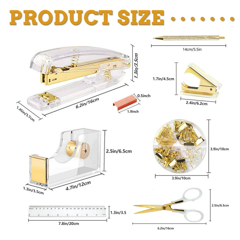 Gold Desk Accessories, Office Supplies Set with Acrylic Stapler, Tape Dispenser, Staple Remover, Pen Holder, Scissor, Binder/Paper Clips, 1