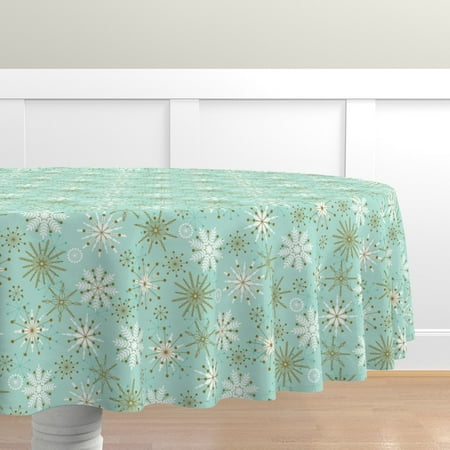 

Cotton Sateen Tablecloth 70 Round - Retro Snowflakes Winter Holiday Midcentury Mod White Christmas Blue Gold Chilled Snowflake Snow Print Custom Table Linens by Spoonflower